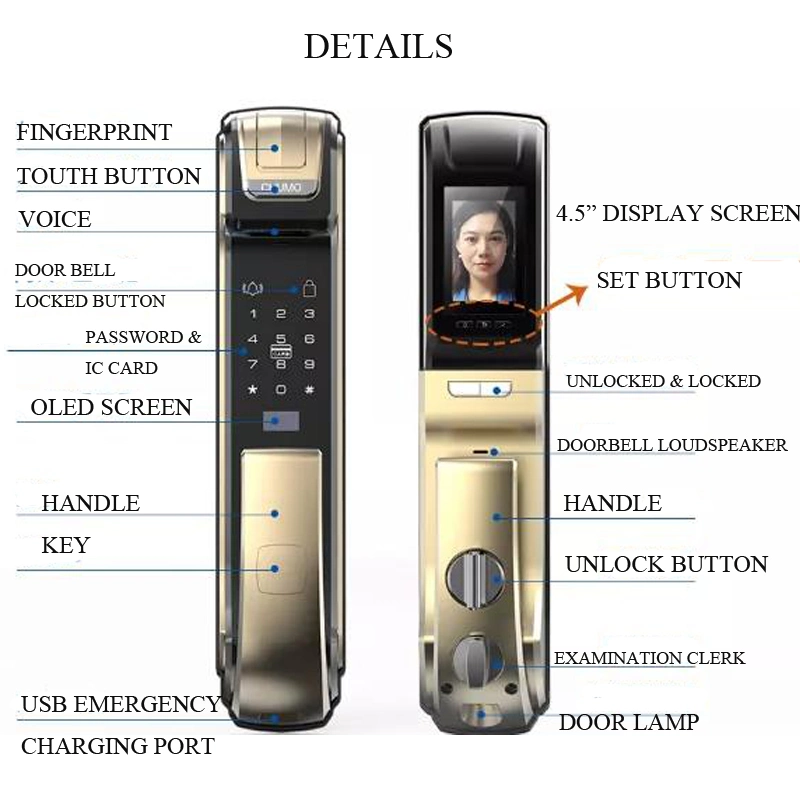 4.5“ HD Screen Visible Fingerprint Smart Door Lock with Floor Light